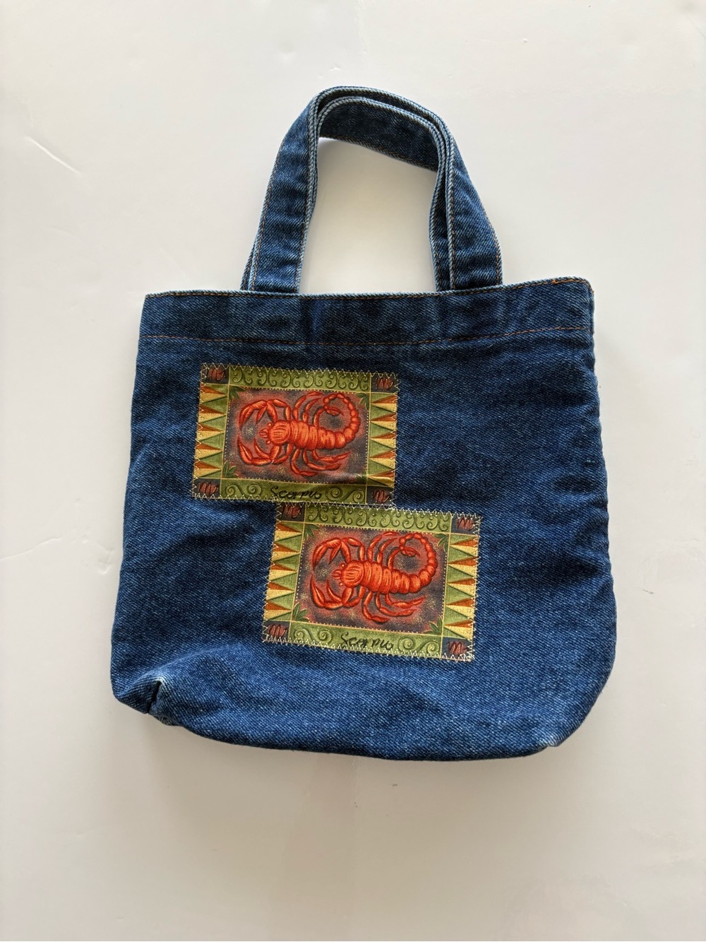 Denim Tote Bag with Orange Scorpion Patch